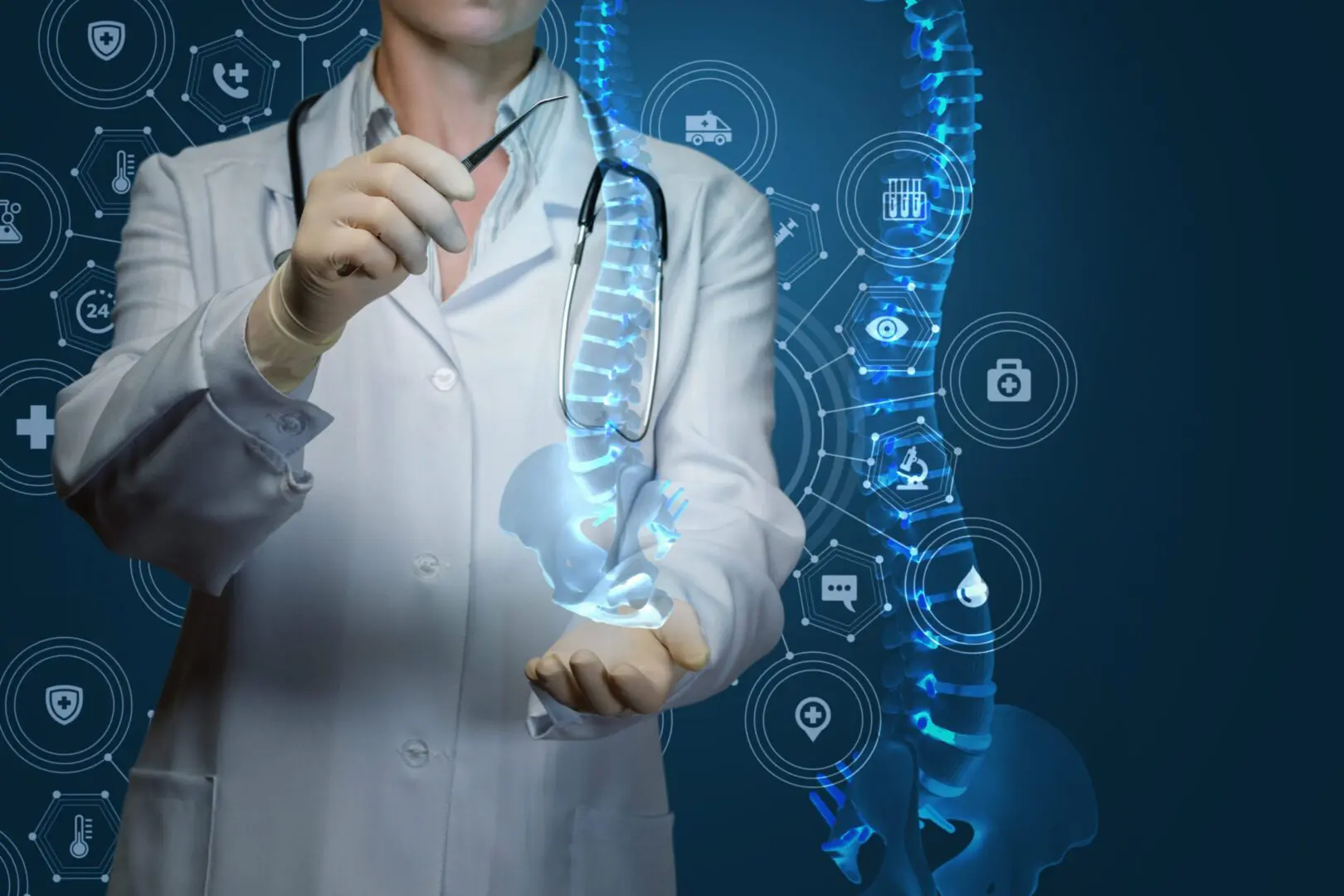 A doctor holding a stethoscope in front of an image of the spine.