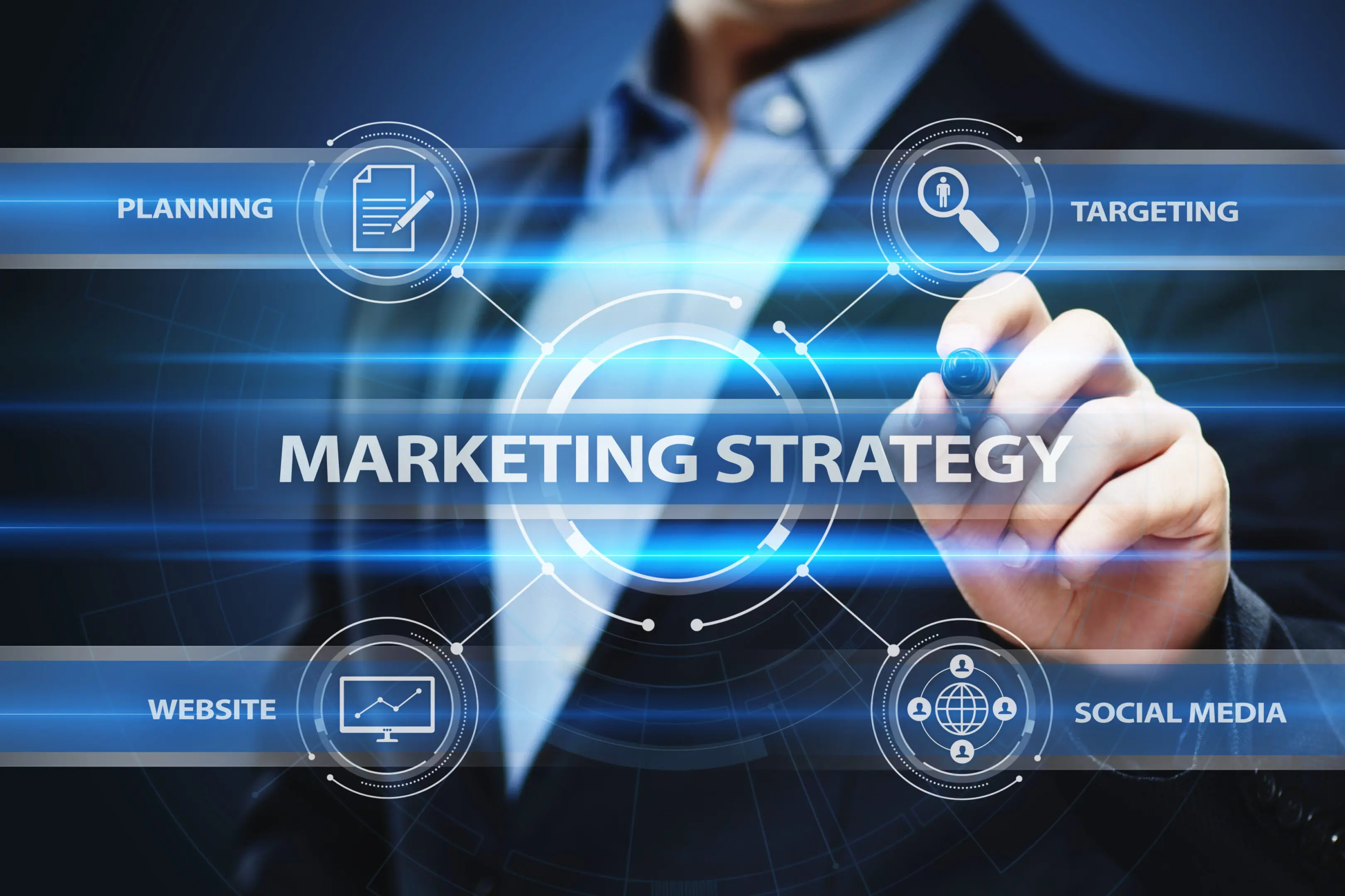 Marketing strategy diagram with digital elements.